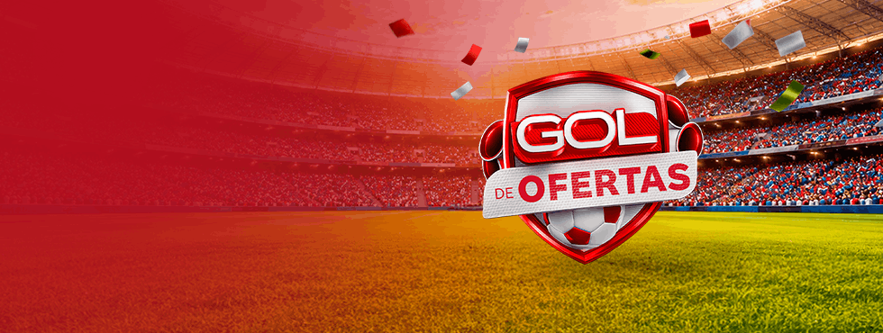Imagem de fundo tem uma arquibancada e campo de futebol contendo selo da campanha Gol de Ofertas que é um escudo escrito gol de ofertas nas cores vermelha e cinza 