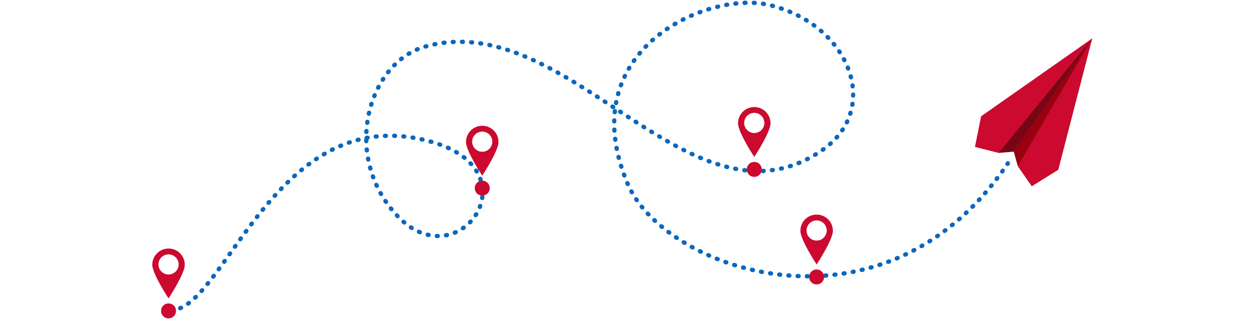 Um avião de papel vermelho inicia seu voo, deixando um rastro azul pontilhado com um único marcador de localização vermelho no ponto de partida.