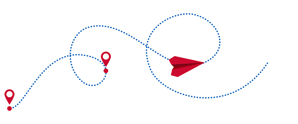 Um avião de papel vermelho voa pelo ar, deixando um rastro azul pontilhado com três marcadores de localização vermelhos distribuídos ao longo do caminho.