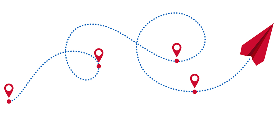 Um avião de papel vermelho inicia seu voo, deixando um rastro azul pontilhado com um único marcador de localização vermelho no ponto de partida.