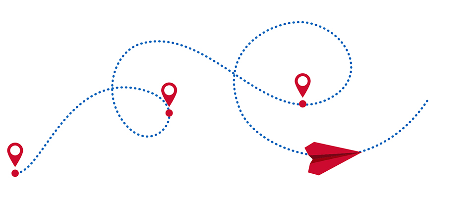 Um avião de papel vermelho voa pelo ar, deixando um rastro azul pontilhado com quatro marcadores de localização vermelhos, indicando múltiplos pontos de parada.