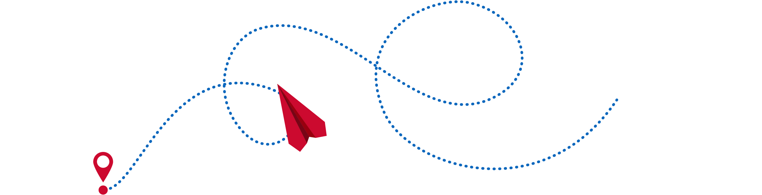 Um avião de papel vermelho voa pelo ar, deixando um rastro azul pontilhado com dois marcadores de localização vermelhos ao longo do trajeto.