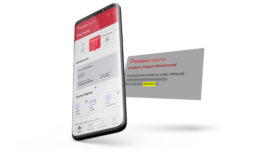 Tela do app Bradesco Seguros ao lado de carteirinha física, indicando dados da apólice Residencial