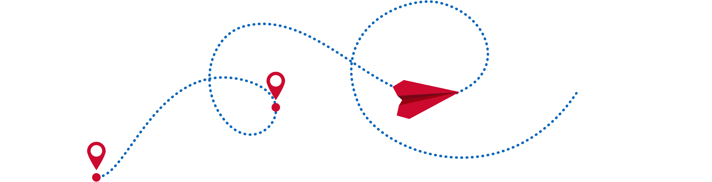 Um avião de papel vermelho voa pelo ar, deixando um rastro azul pontilhado com três marcadores de localização vermelhos distribuídos ao longo do caminho.
