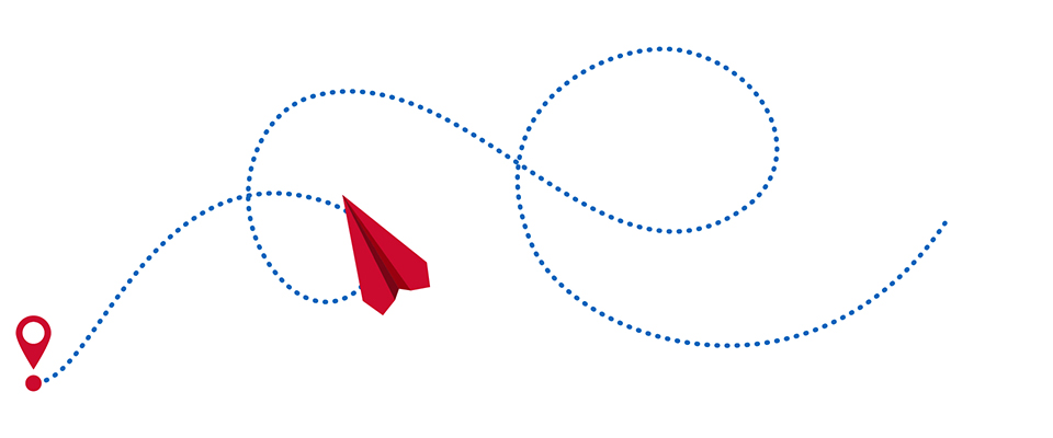 Um avião de papel vermelho voa pelo ar, deixando um rastro azul pontilhado com dois marcadores de localização vermelhos ao longo do trajeto.