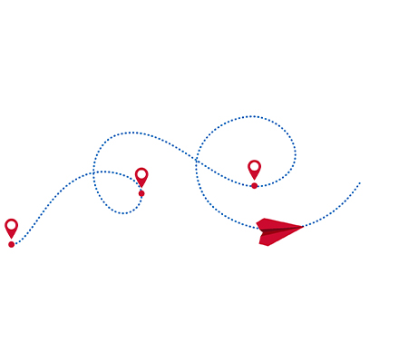 Um avião de papel vermelho voa pelo ar, deixando um rastro azul pontilhado com quatro marcadores de localização vermelhos, indicando múltiplos pontos de parada.