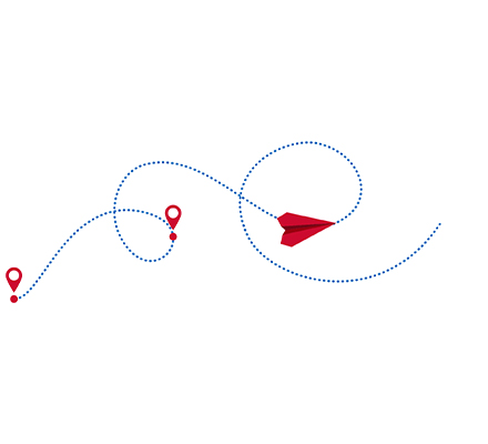 Um avião de papel vermelho voa pelo ar, deixando um rastro azul pontilhado com três marcadores de localização vermelhos distribuídos ao longo do caminho.