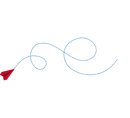 Um avião de papel vermelho voa pelo ar, deixando um rastro azul pontilhado que faz curvas e voltas, sem pontos de parada marcados.