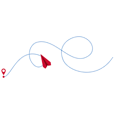 Um avião de papel vermelho voa pelo ar, deixando um rastro azul pontilhado com dois marcadores de localização vermelhos ao longo do trajeto.