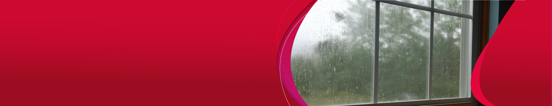 Imagem de fundo vermelho radiante contendo uma janela de vidro fechada que possibilita ver a chuva do lado de fora